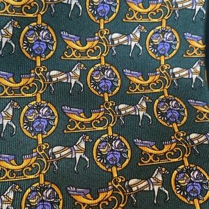 Lancel Paris Silk Tie Hand Made Green Gold Horse Carriage Print